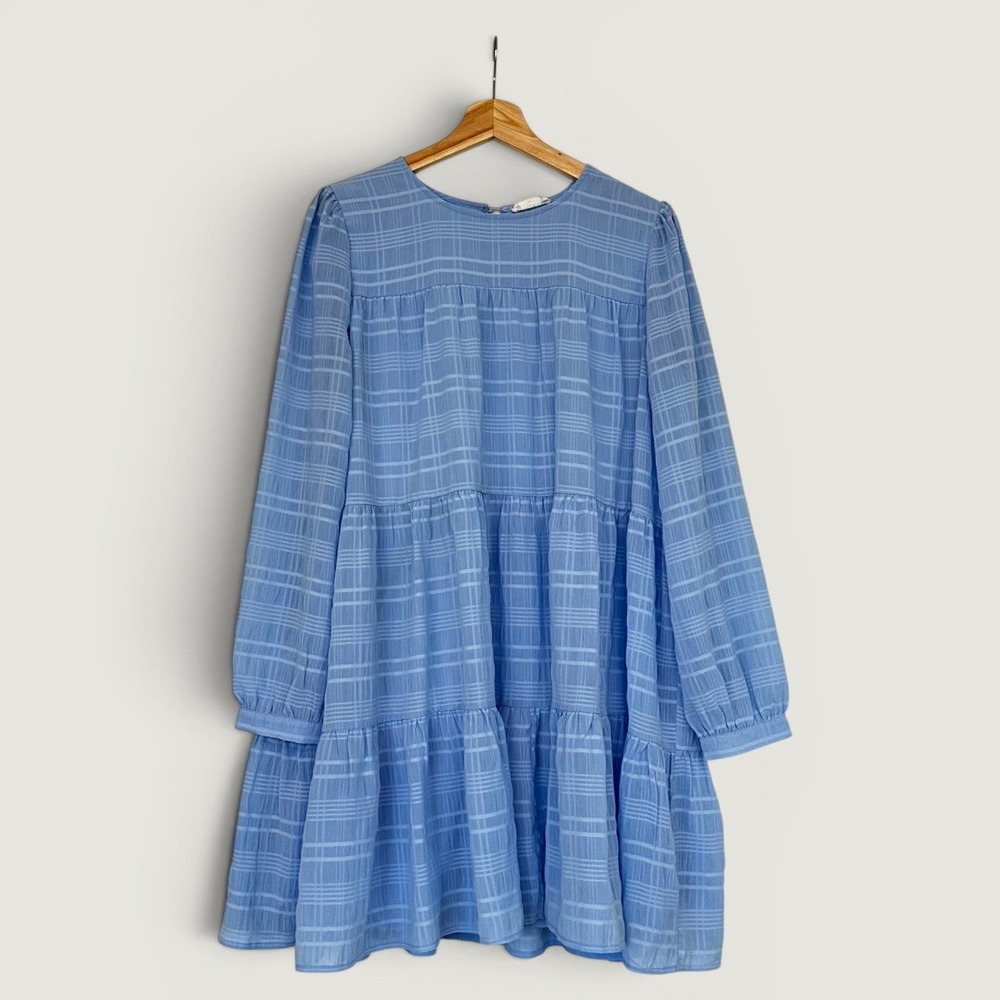 Storia Light Blue Button Dress 100% Polyester Cottagecore Chic Ruffle Hem